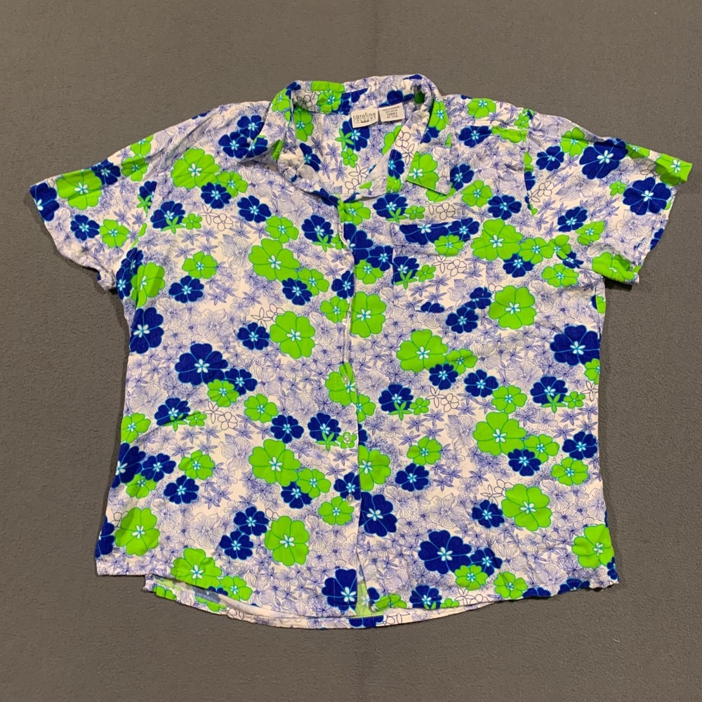 Carolina Colours Plus Floral Blouse Women 24W Blue Chartreuse Green Rayon